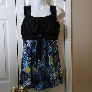 Slopehill black blue fern print Tankini Top Swimwear Dress Sz XL